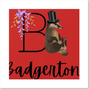 Bridgerton Funny Badger Top Hat Badgerton Purple Flower Wisteria Black Posters and Art